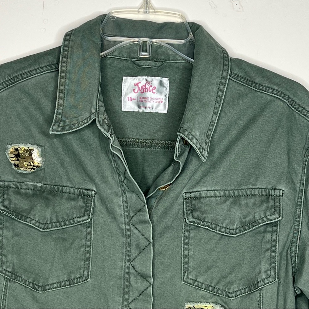 Justice Military Style Jacket Sequin Accents Green Size 18 Plus - Picture 2 of 5